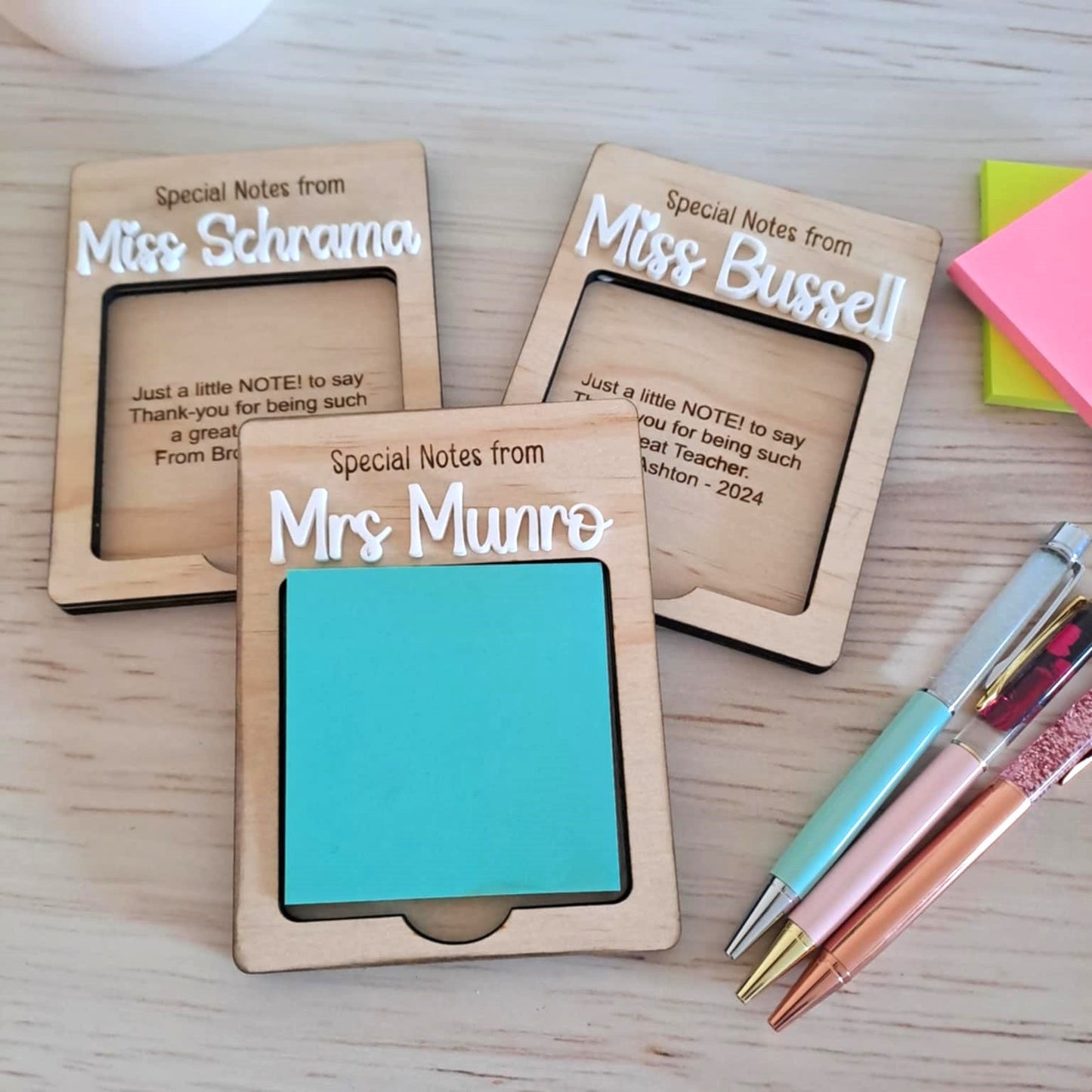 Personalised timber post-it note holder engraved with teacher’s name and thank you message