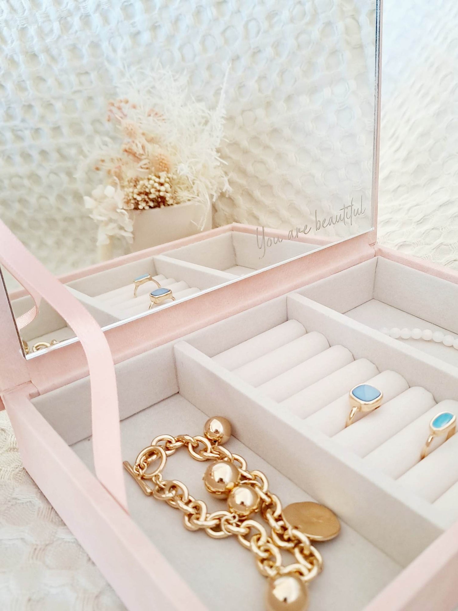 Personalised Pink Jewellery box with engraved mirror " Your are beautiful"