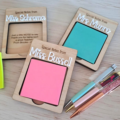Personalised timber post-it note holder engraved with teacher’s name and thank you message