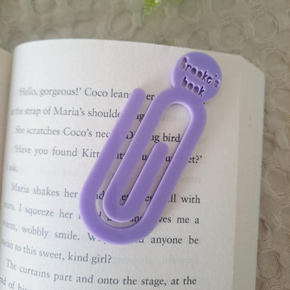 Personalised large acrylic paper clip bookmark in pastel purple with child’s name engraved